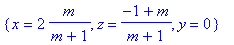 {x = 2*m/(m+1), z = (-1+m)/(m+1), y = 0}